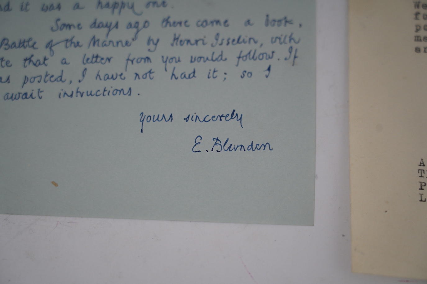 Edmund Blunden (1896-1974), English Poet, Author and Critic who, like his friend Siegfried Sassoon, wrote of his experiences during World War I in both verse and prose. A.L.S., E. Blunden, one page, 8vo